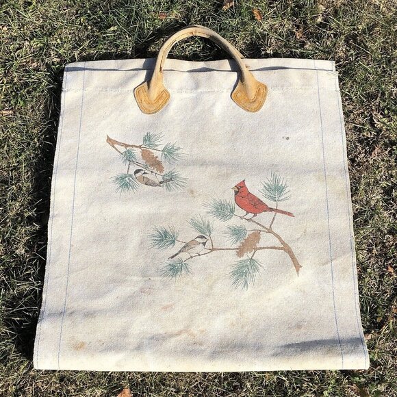 Vintage LL Bean Canvas Log Firewood Carrier Leather Handle Cardinal Chickadee